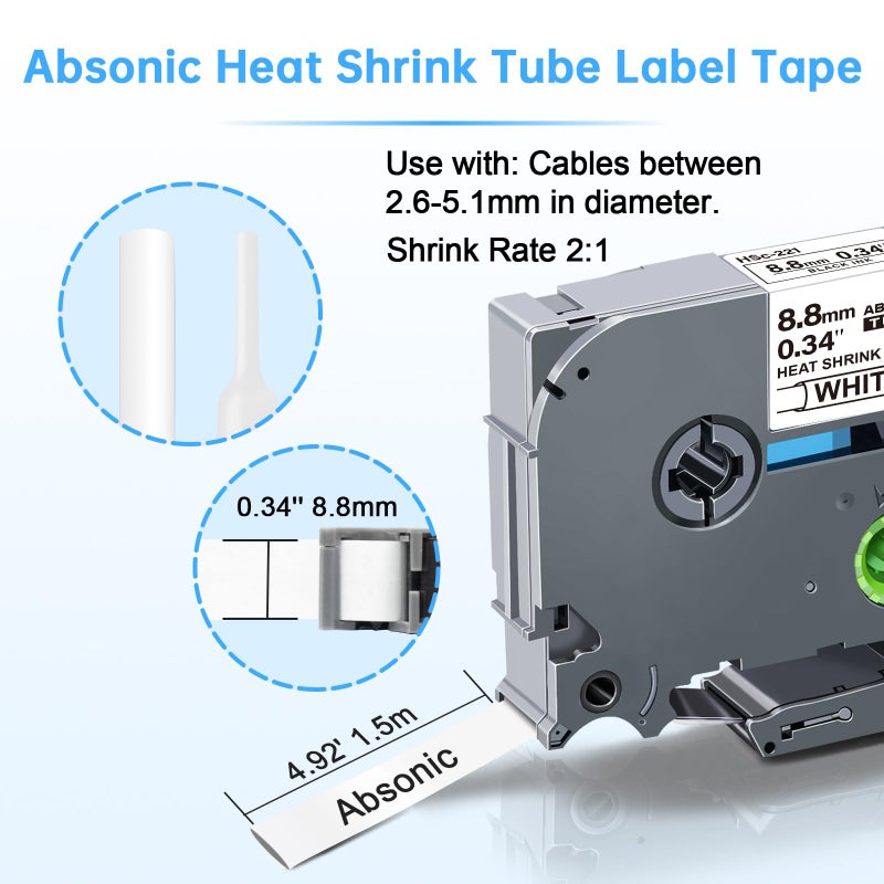 Absonic 3-Pack HSE Heat Shrink Label Tape Compatible for Brother Hse221 Hse-221 P Touch Heat Shrink Tube 8.8mm Black on White Label Maker Tape for PT-E300 PT-E500 PT-E550W P750WVP PT-E800W PT-D220 - Image 2